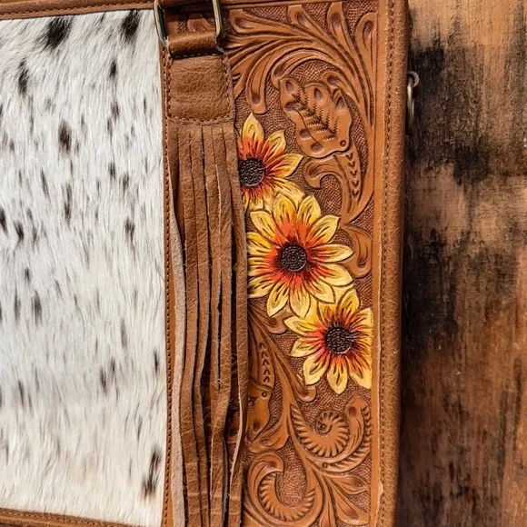 Hand-Tooled Sunflower Leather Tote with Cowhide Panel - Brown - Picture 3 of 8